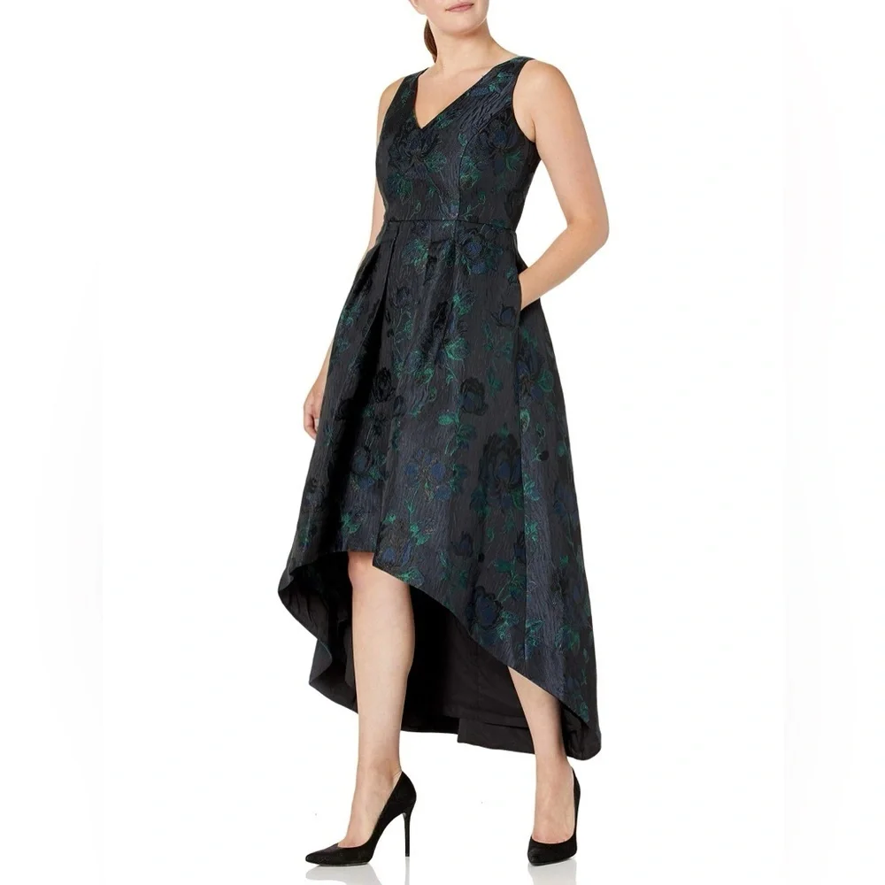 Elegant Dark Floral Jacquard High Low Dress - Picture 11 of 11